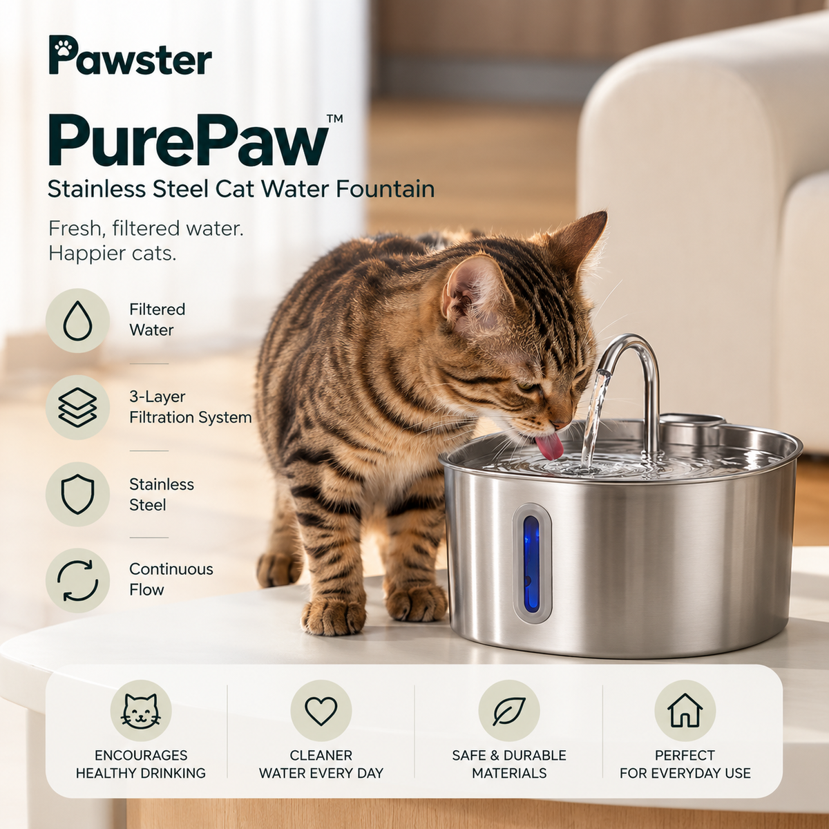 PurePaw™ — Stainless Steel Cat Water Fountain | 2.1L.**