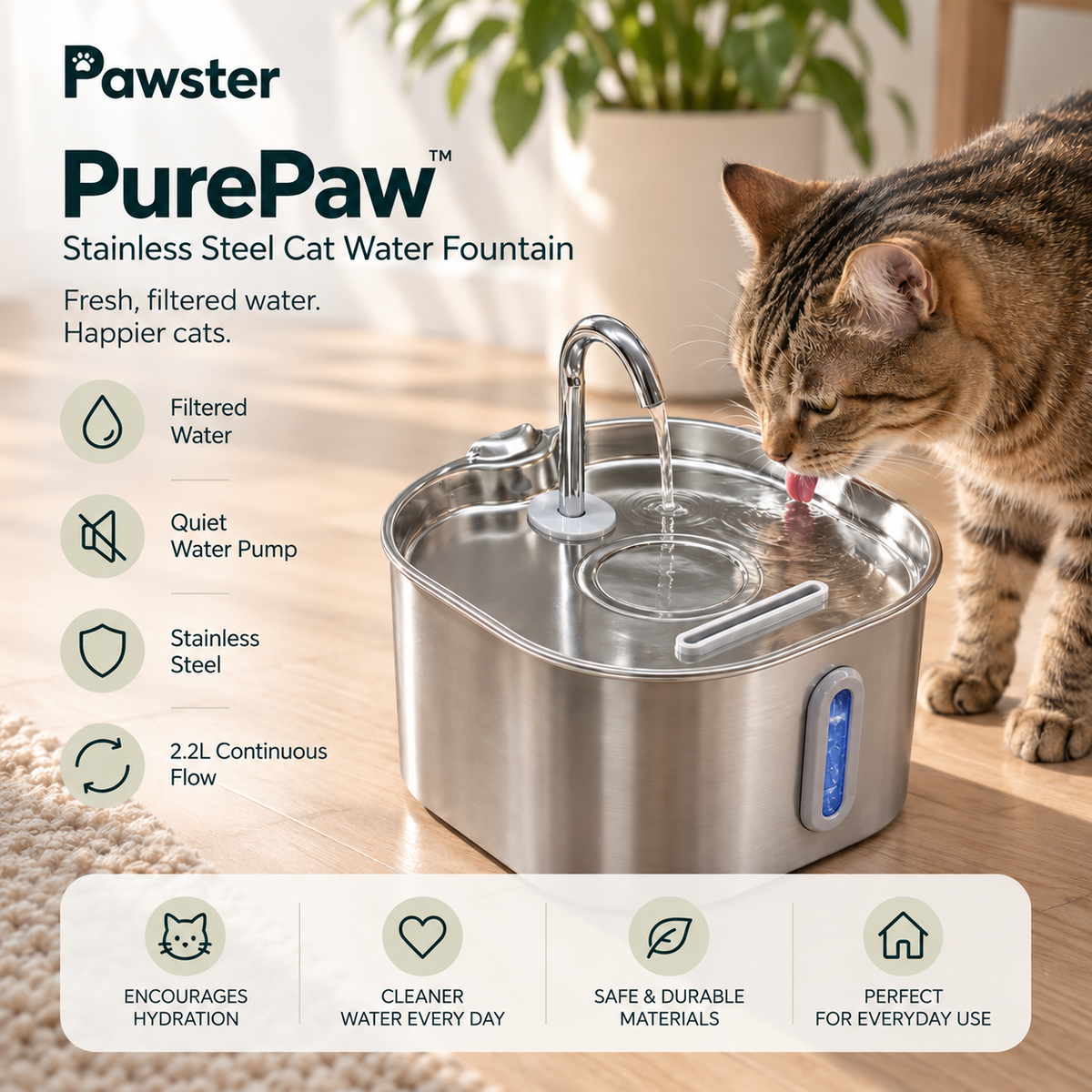 PurePaw™ — Stainless Steel Cat Water Fountain | 2.2L