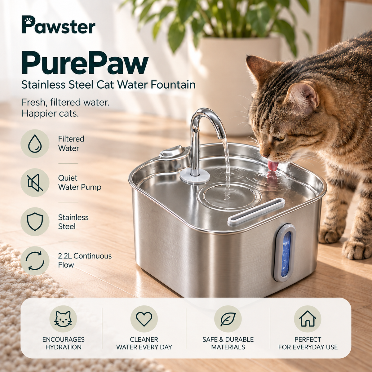 PurePaw Stainless Steel Cat Water Fountain | 2.2L