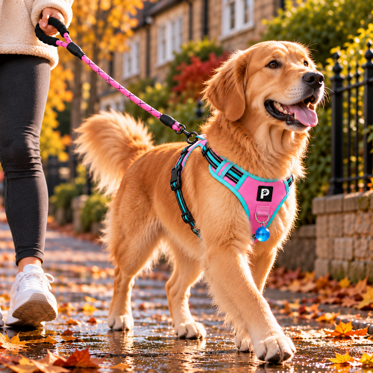 Cão usando o peitoral SafeStride rosa e turquesa com logo Pawster