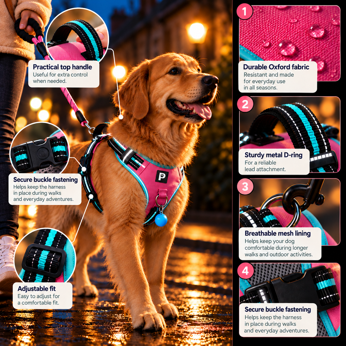 Infográfico do peitoral SafeStride rosa e turquesa com logo Pawster