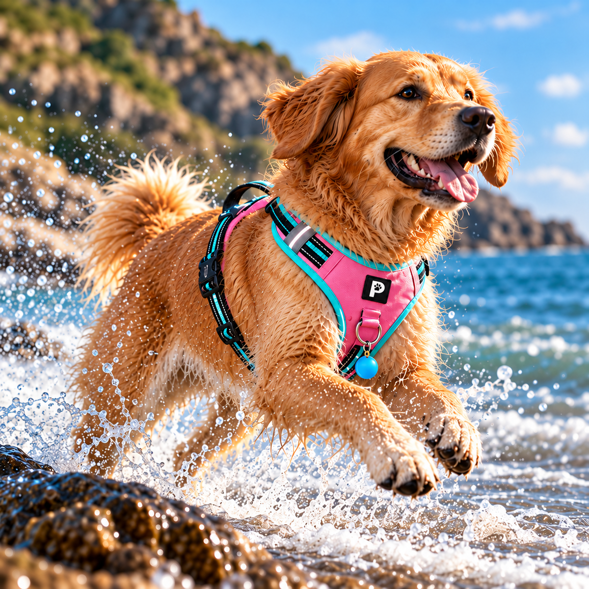Golden Retriever usando peitoral SafeStride Pawster rosa e turquesa com bolinha azul